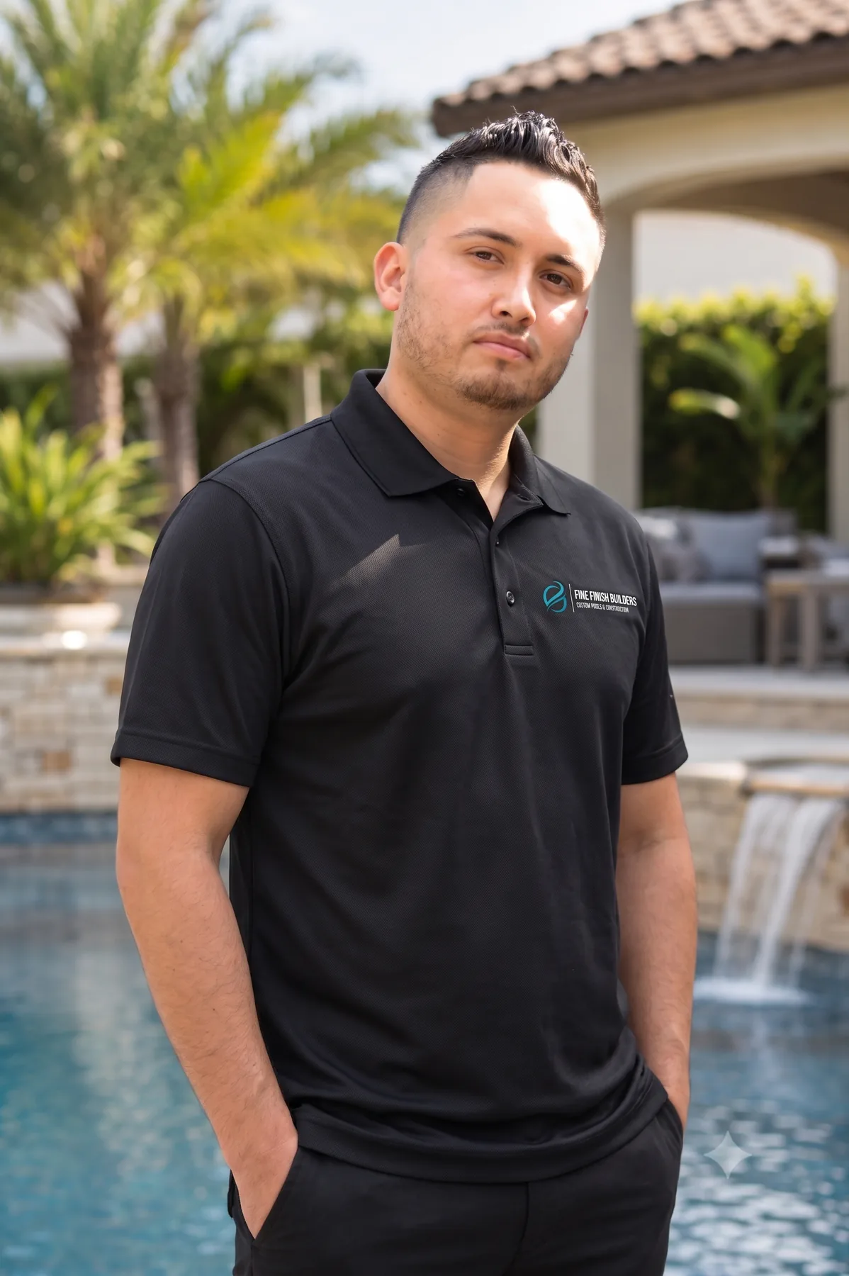 Agustin Casillas, founder of Fine Finish Builders, wearing a Fine Finish Builders polo beside a custom pool