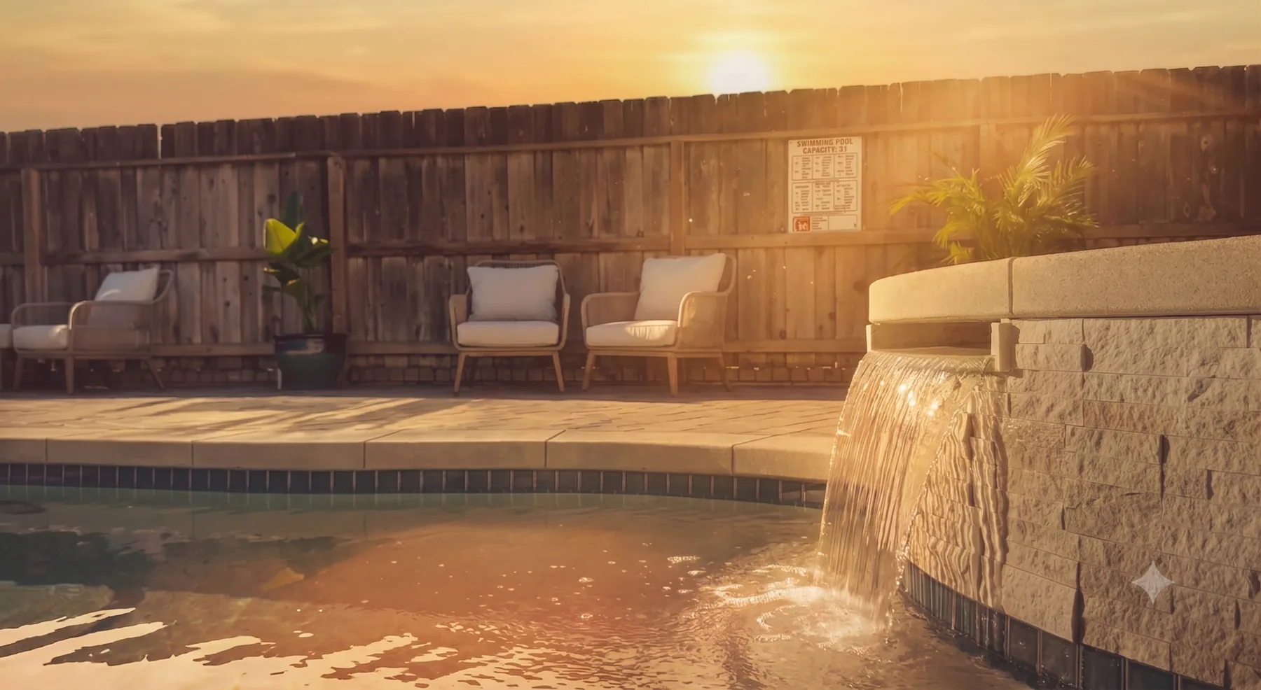 Spa waterfall cascading into the pool at sunset, a Fine Finish Builders project